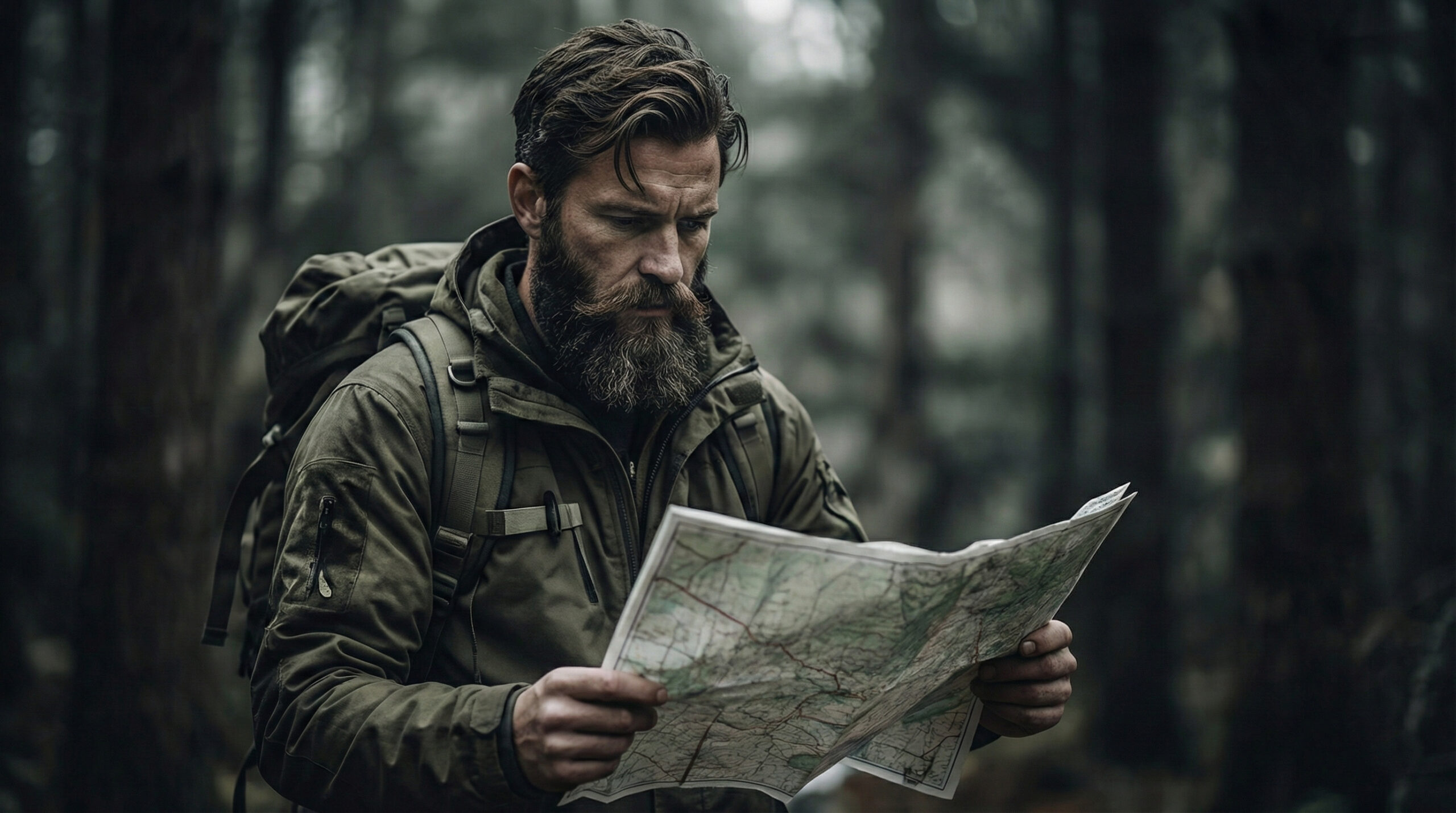 Hiker reading map in forest